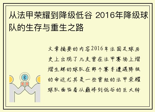 从法甲荣耀到降级低谷 2016年降级球队的生存与重生之路