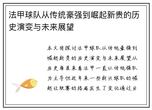 法甲球队从传统豪强到崛起新贵的历史演变与未来展望
