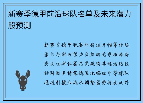 新赛季德甲前沿球队名单及未来潜力股预测